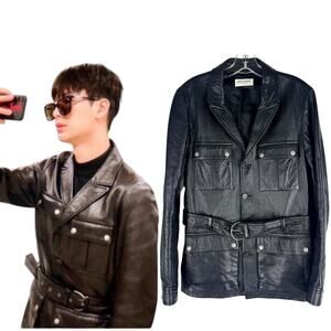 Saint Laurent Saharienne Lambskin Leather Belted Jacket K-Pop Black Mens Size 52